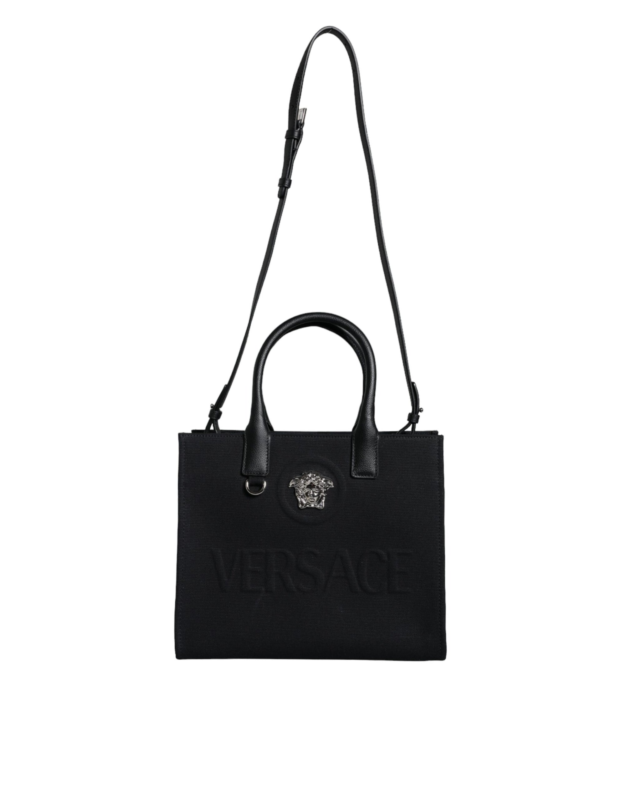 versace-black-canvas-leather-tote-front-view