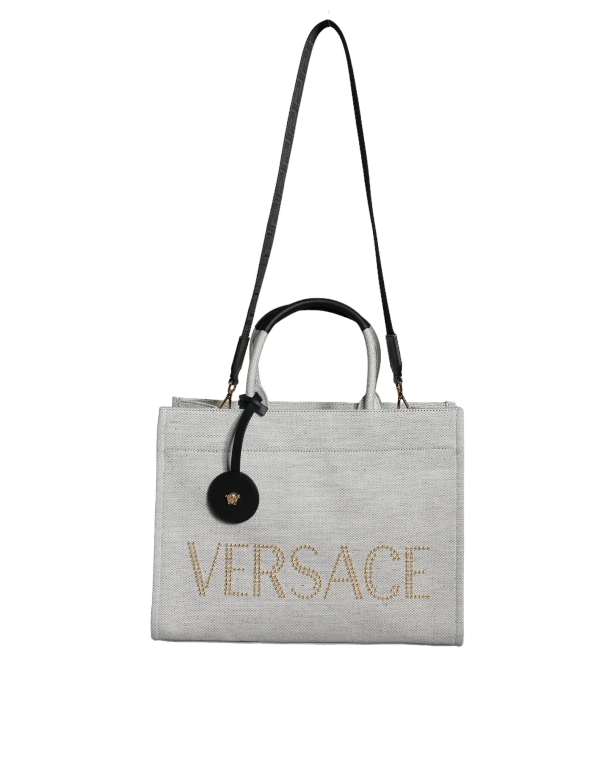 Versace-White-Canvas-Leather-Logo-Crossbody-Tote