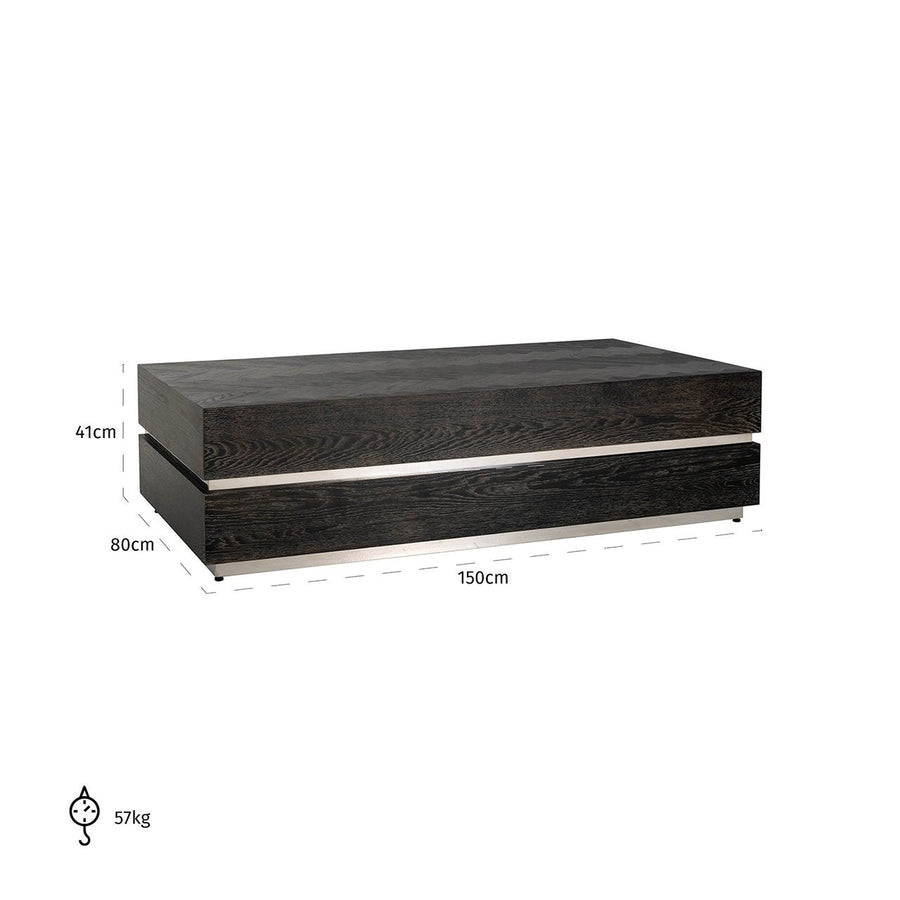 Maataanduiding: Blok salontafel met zwarte eik en RVS | 150 x 80 cm