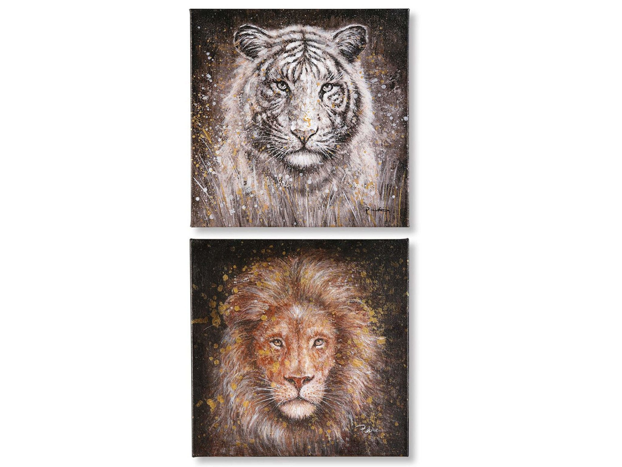 Canvas schilderij tijger en leeuw - Wildlife | H. 40 cm | Set van 2