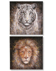 Canvas schilderij tijger en leeuw - Wildlife | H. 40 cm | Set van 2