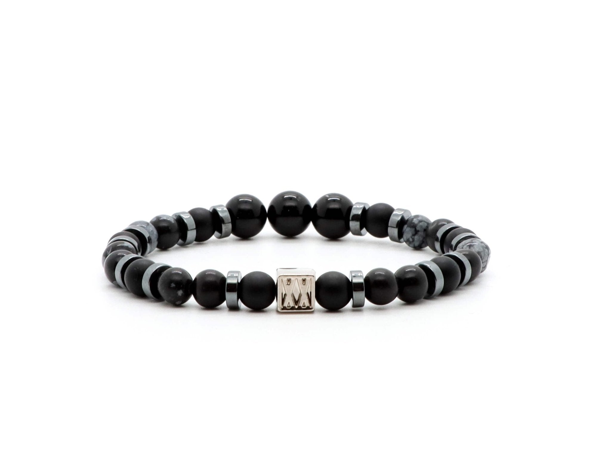 Bracelet pour femme avec des perles d&#39;obsidienne flocon de neige et d&#39;agate noire | Pierre naturelle