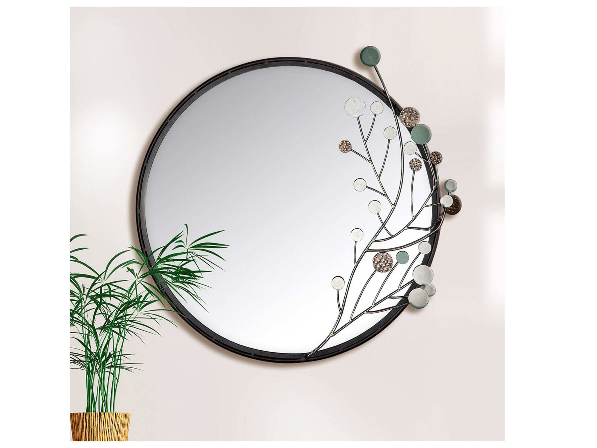 Ronde spiegel diameter 65 centimeter met moderne decoratie en zwarte rand