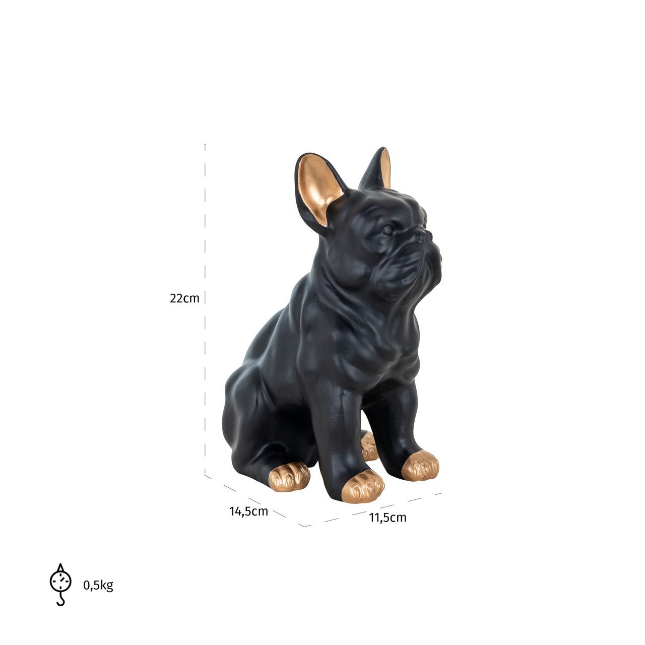 Maataanduiding van zittend frans bulldog beeldje in zwart en goudkleurig polyresin