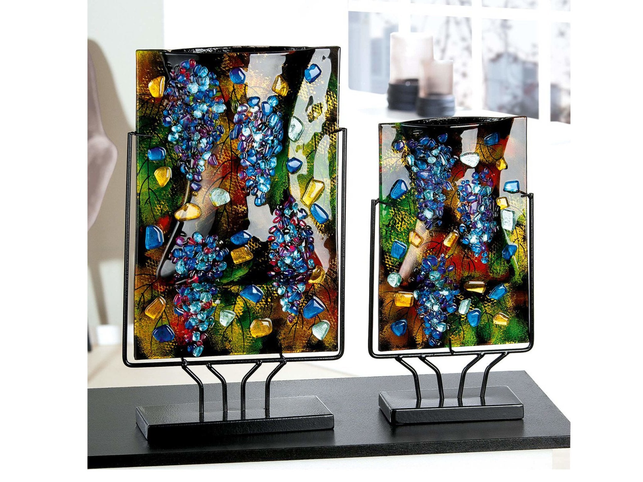 Handgemaakte veelkleurige glazen kunst tafelvazen met metalen standaard
