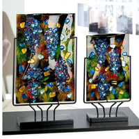 Handgemaakte veelkleurige glazen kunst tafelvazen met metalen standaard