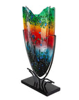 Glass art vaas in metalen houder blauw-rood-geel-groen