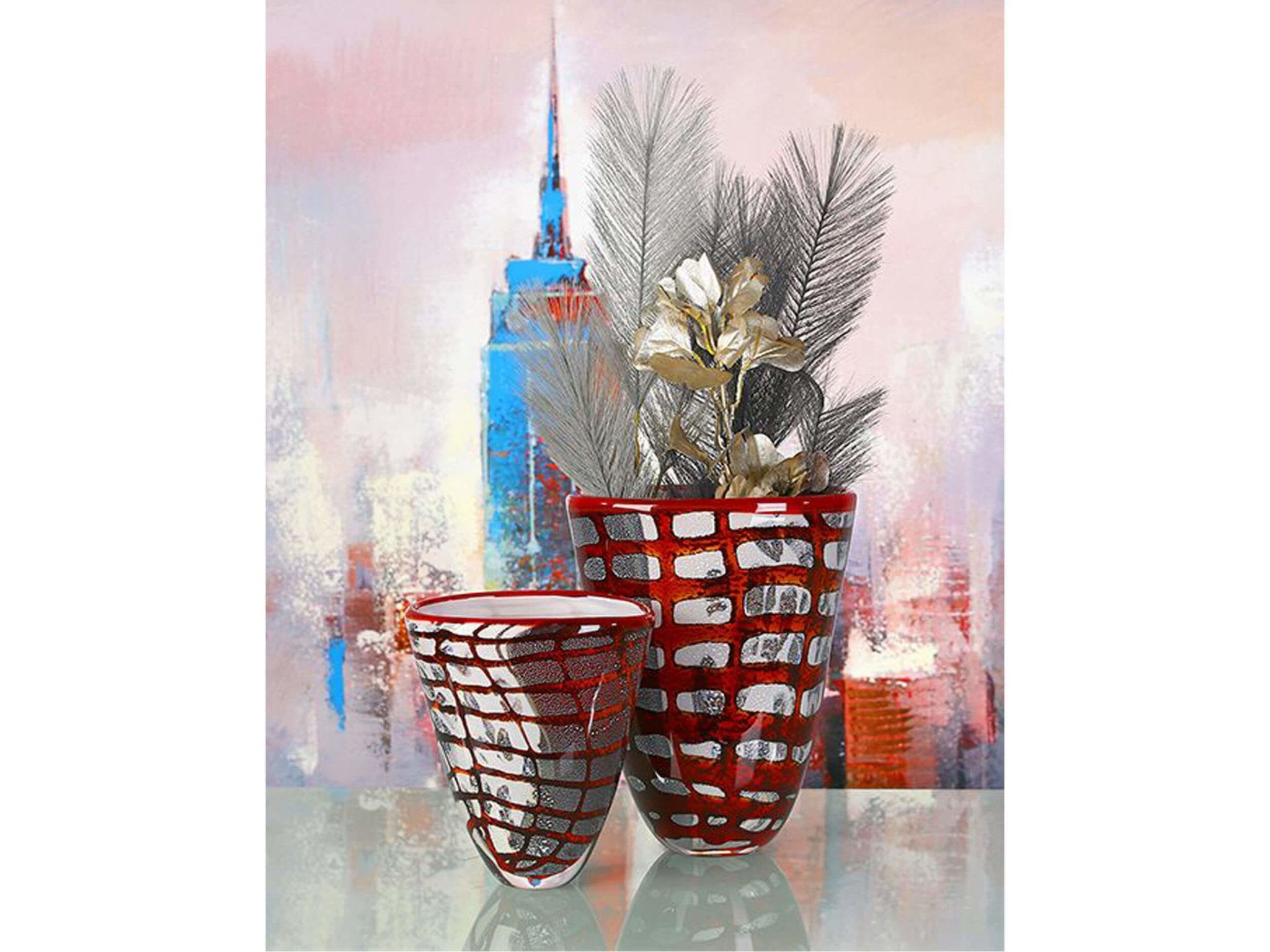 Sfeerbeeld met glass art vazen rood - wit - zwart