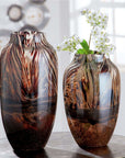 Set van 2 bruine glaskunst vazen met gevlamd design