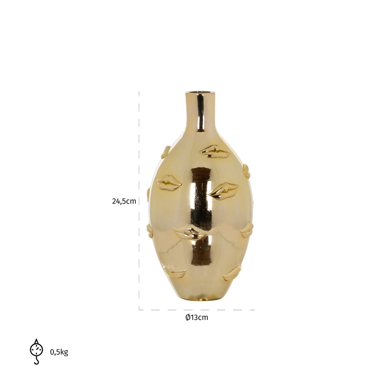 Maataanduiding van de kisses vaas in gouden resin met lippen