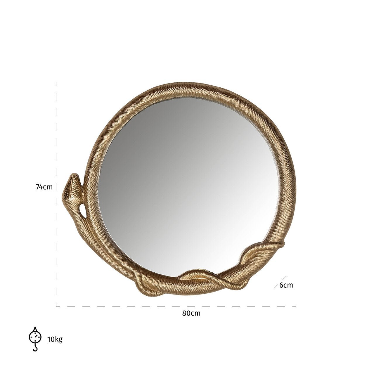Maataanduiding van ronde spiegel met gouden slangenlijst - Richmond Interiors spiegels kopen