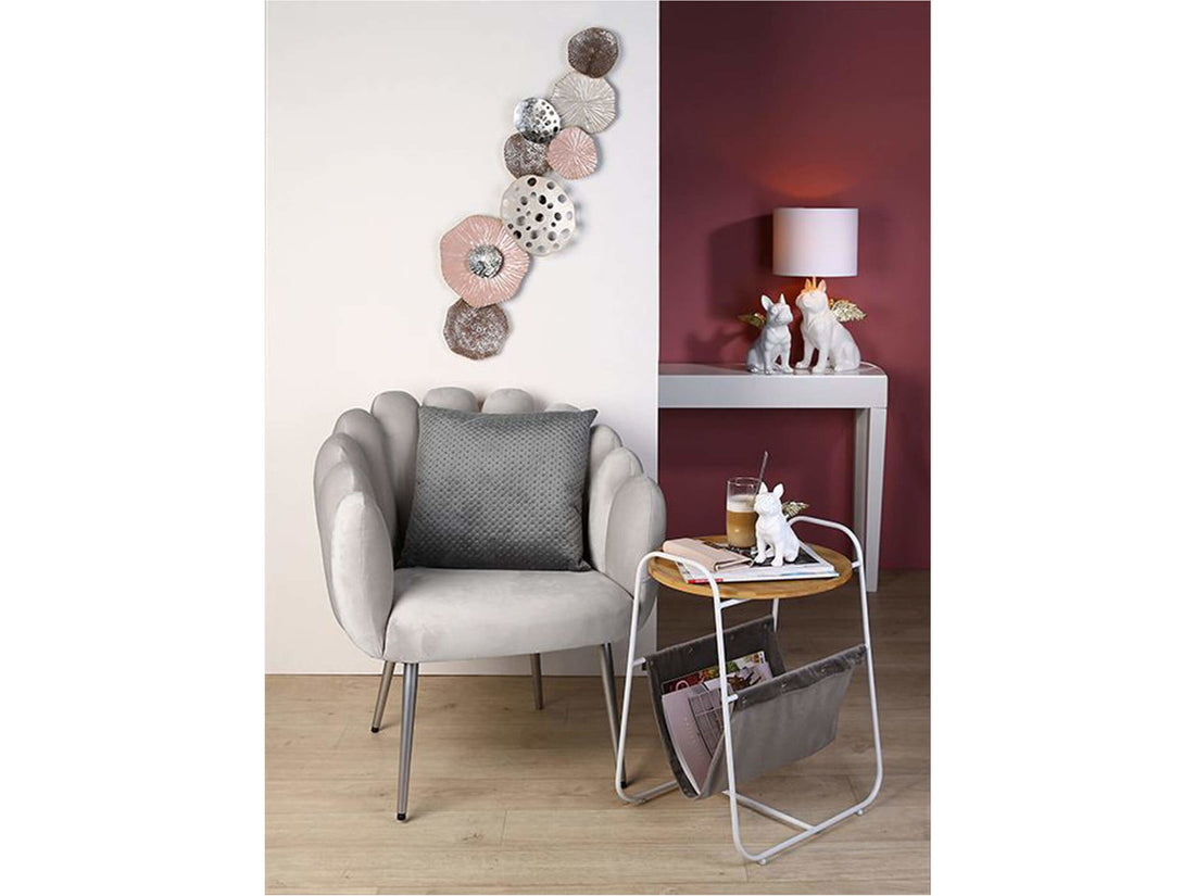 Grijze design bijzetstoel met golvende rugleuning en grijze fluwelen bekleding