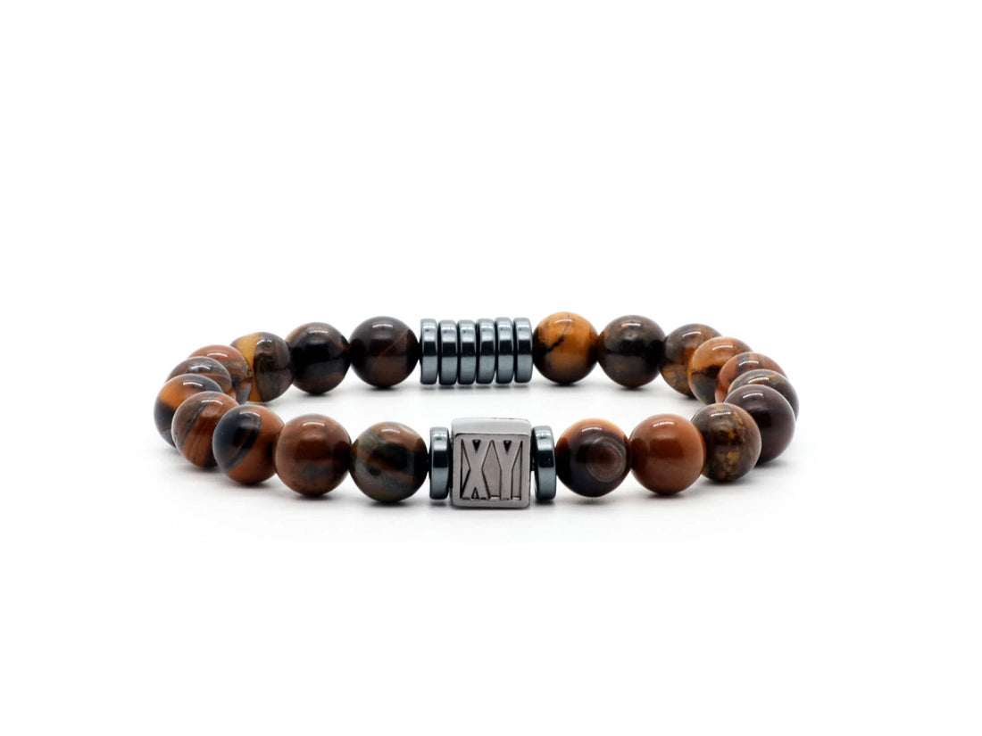 Men's bracelet with 8 mm Tiger eye and Hematite beads | Natural stone