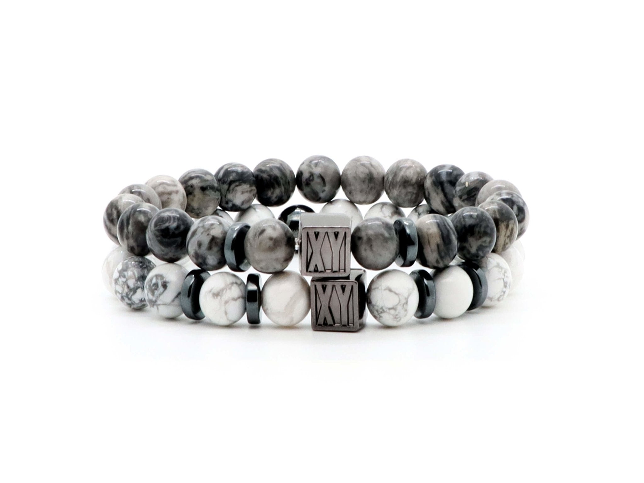 Men&#39;s bracelet set with 8 mm Howlite, Map Jasper and Hematite beads | Natural stone