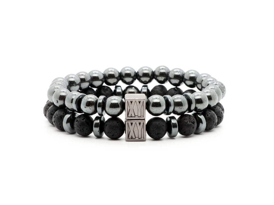 Men's bracelet set with 8 mm Lava stone and Hematite beads | Natural stone