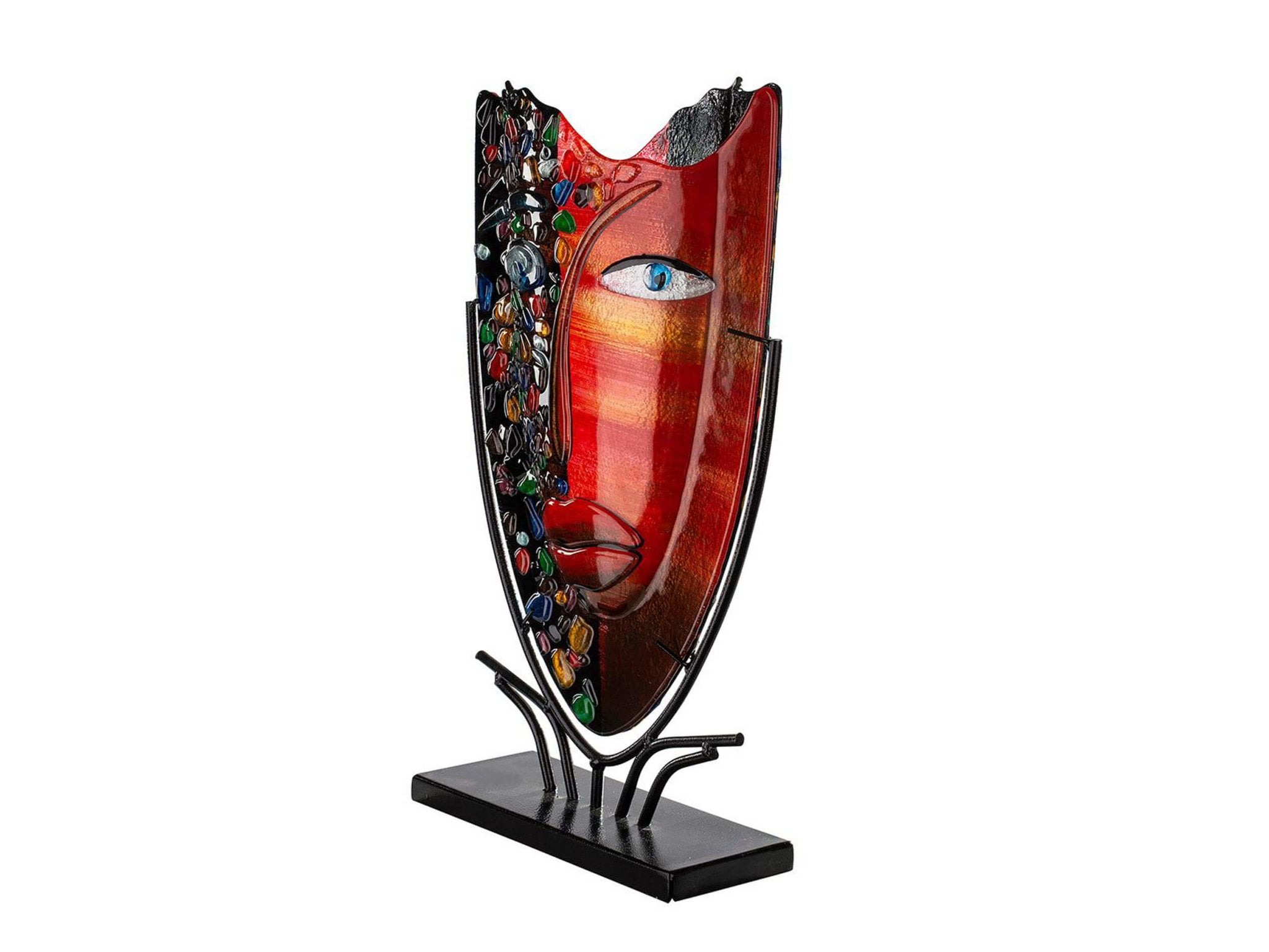 Rode glaskunst vaas met gezicht motief in houder