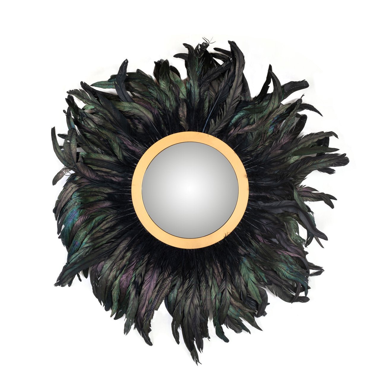 Ronde gouden spiegel met zwarte veren | Madlen | Ø 75 cm