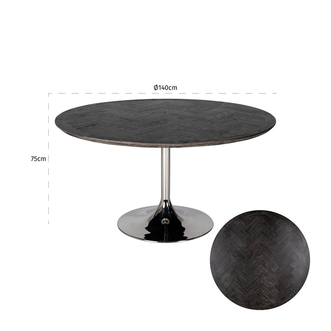Maataanduiding: Ronde tafel in zwarte eik met RVS voet | Ø140 cm