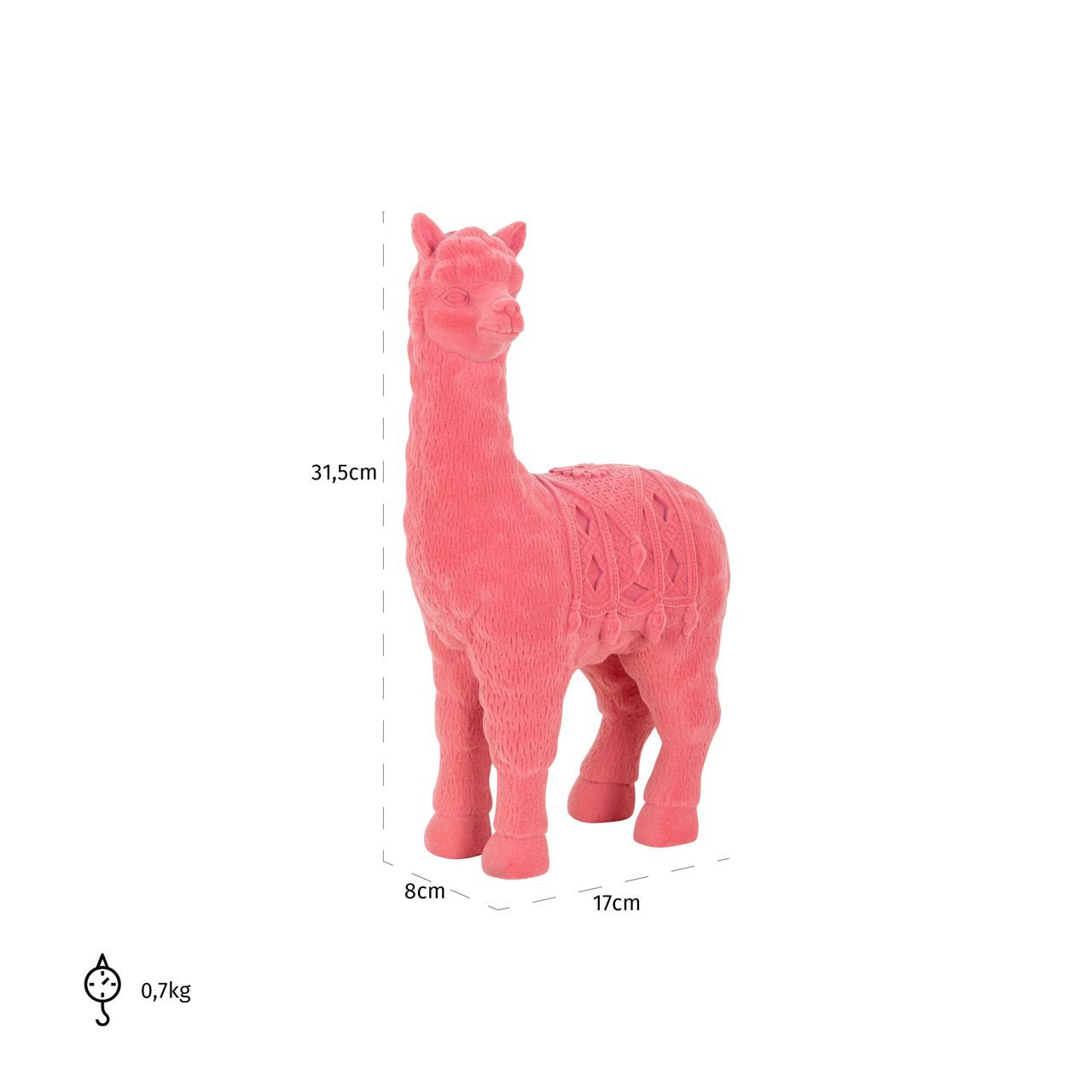 Maataanduiding van het gedetailleerde moderne roze alpaca beeldje van 31.5 cm hoog