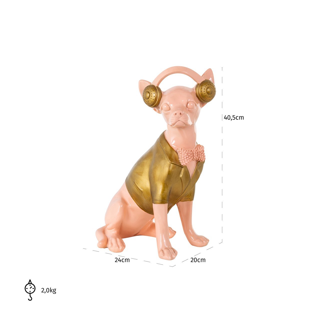 Maataanduiding: Roze Chihuahua met gouden jasje figuur| H. 40.5 cm - Richmond Interiors