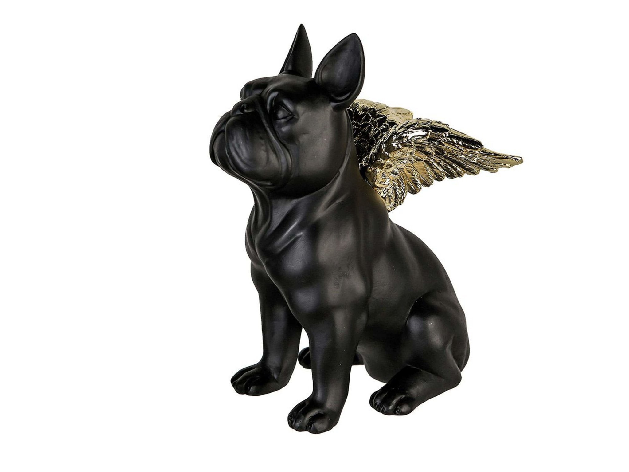 Beeldje van zwarte Franse bulldog met gouden vleugels | H. 16 cm