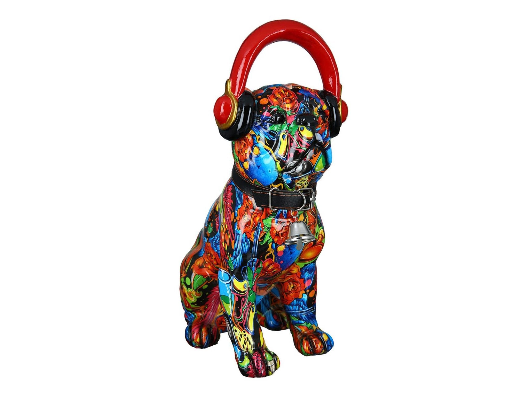 Bulldog graffiti beeld met koptelefoon rood