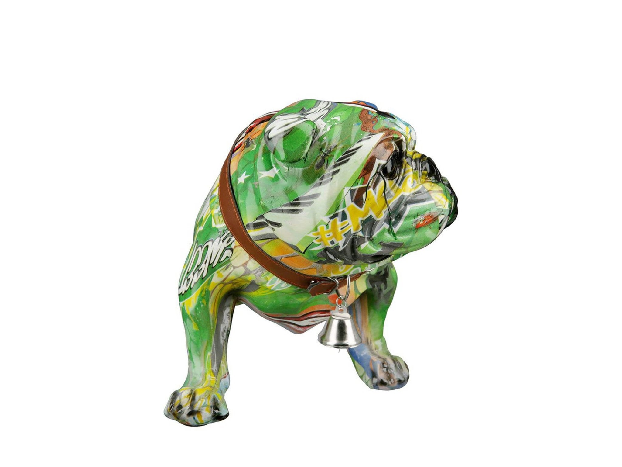 Unieke bulldog sculptuur kopen met levendige groene graffiti kunst