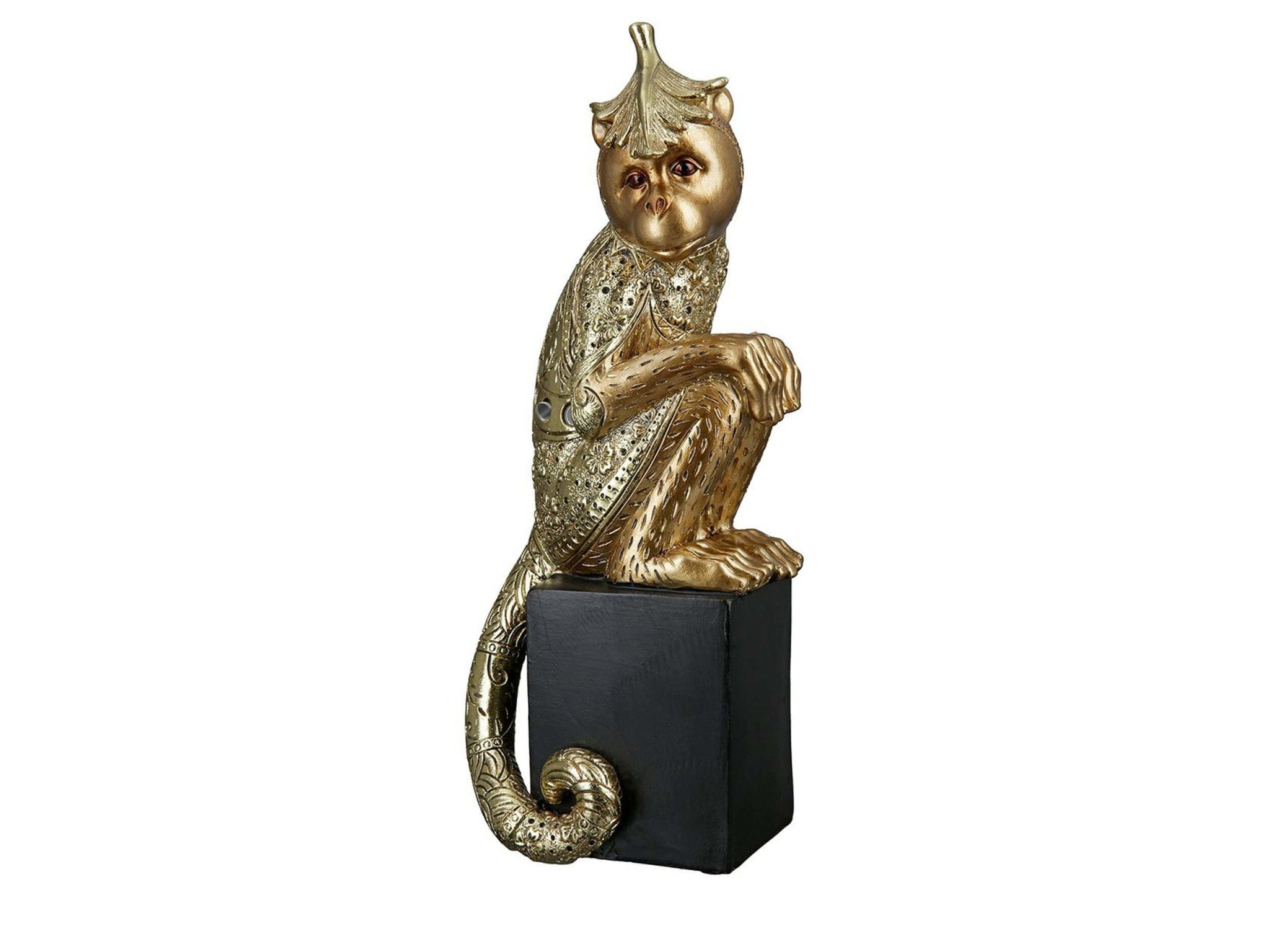 Zittend gouden aapje op sokkel beeld | Little monkey | H. 30 cm