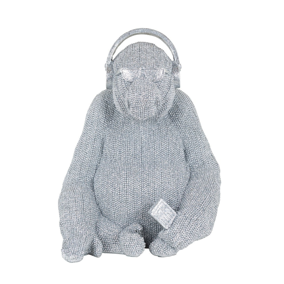 Vooraanzicht: zilverkleurig beeldje van zittende gorilla  met koptelefoon en zonnebril