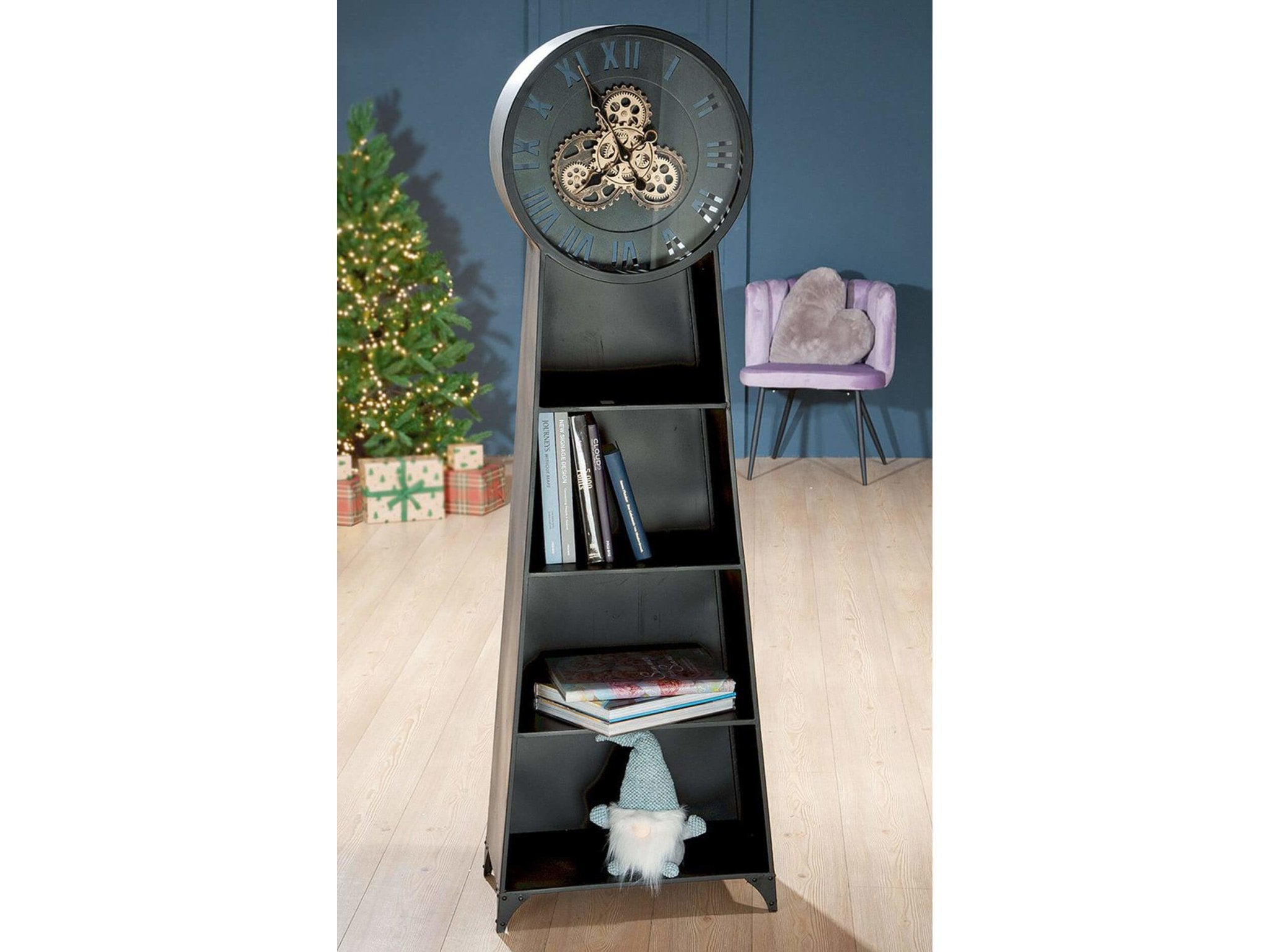 Boekenkast met grote klok in zwart metaal en houten legplanken