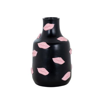 Zwarte moderne vaas met roze lippen | Kisses | H. 19.5 cm