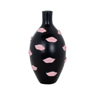 Zwarte ovale vaas met roze lippen | Kisses | H. 24.5 cm